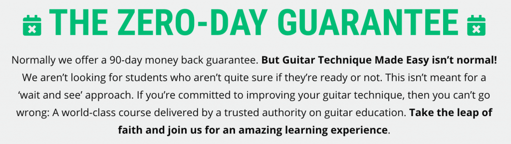 zero day guarantee for guitar course sales page